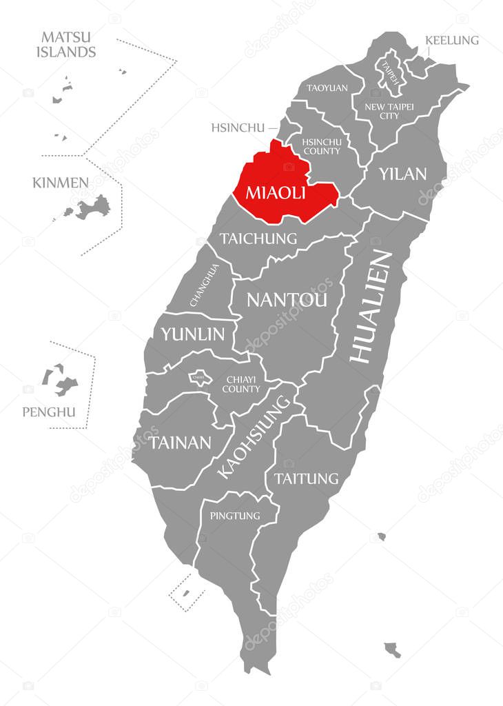 Miaoli red highlighted in map of Taiwan