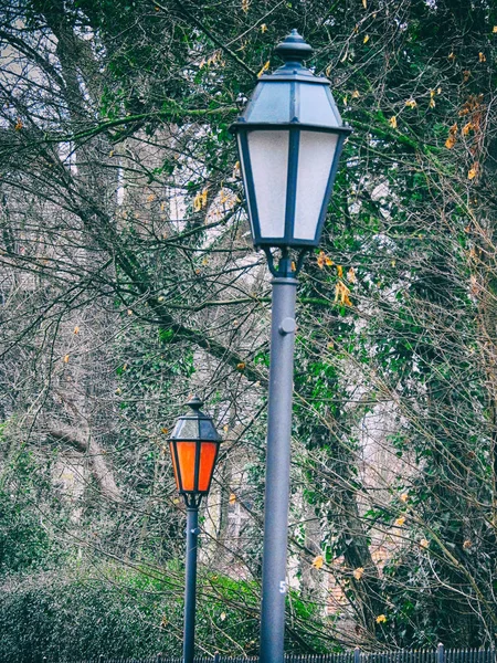 Two different looking lamp posts — 스톡 사진