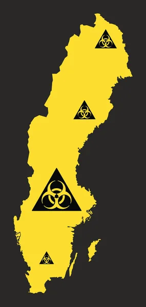 Χάρτης της Σουηδίας με απεικόνιση του ζωδίου του ιού βιολογικού κινδύνου σε μαύρο και y — Διανυσματικό Αρχείο