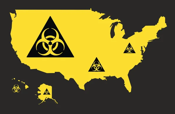 USA map with biohazard virus sign illustration in black and yell — Stock Vector