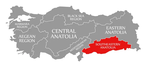 Southeastern Anatolia rosso evidenziato nella mappa di Turchia — Foto Stock