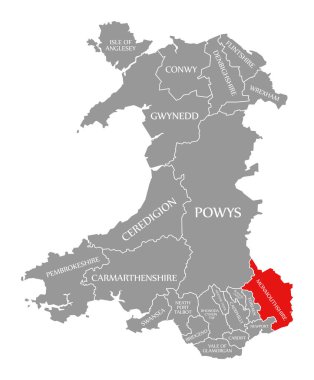 Galler haritasında Monmouthshire kırmızısı vurgulandı