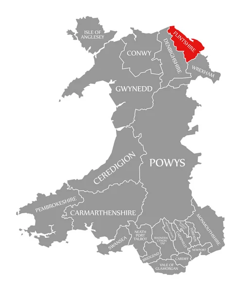 威尔士地图上突出显示的弗林特郡红色 — 图库照片