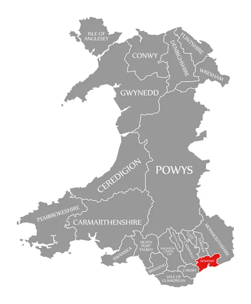 Newport rood gemarkeerd in kaart van Wales — Stockfoto