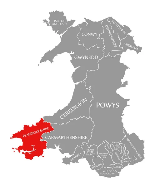 Pembrokeshire κόκκινο τονίζεται στο χάρτη της Ουαλίας — Φωτογραφία Αρχείου