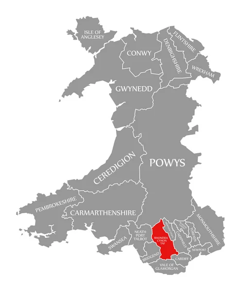 威尔士地图上突出显示的Rhondda Cynon Taf红色 — 图库照片