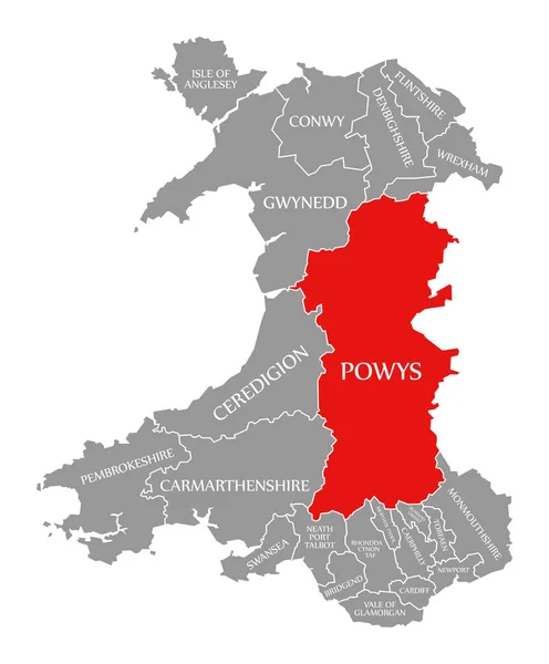 Powys rood gemarkeerd in kaart van Wales — Stockfoto