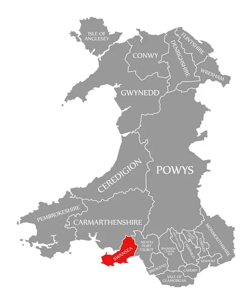 Червоний колір Суонсі на карті Уельсу. — стокове фото