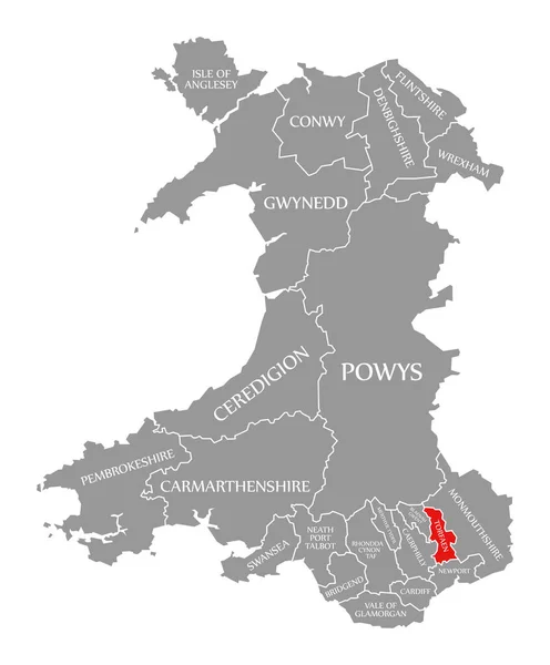 Torfaen red highlighted in map of Wales — 스톡 사진