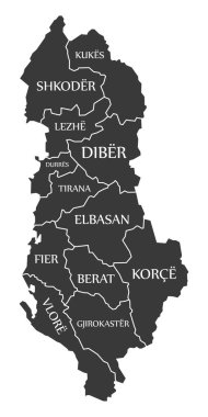 Arnavutluk haritasında ilçe ve etiketler siyah