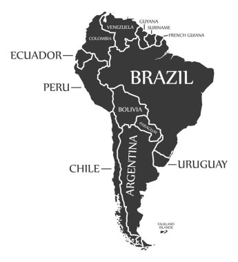 Siyah etiketli ve ülkeli Güney Amerika kıta haritası