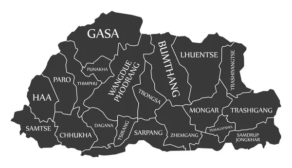 Bhutan Map Districts Labels Black — Stock Vector