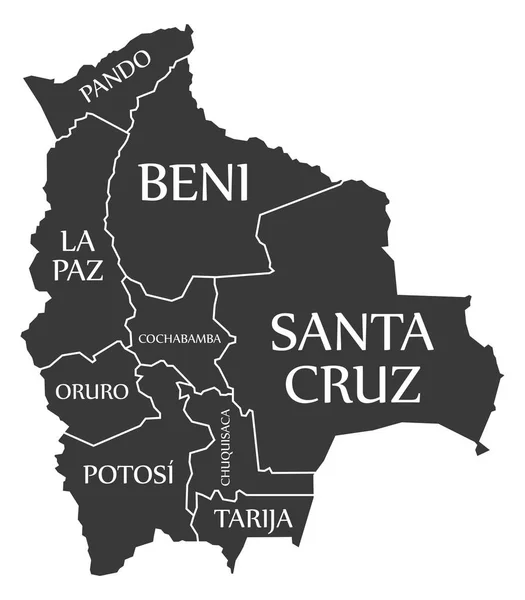 Bolivia Mapa Con Departamentos Etiquetas Negro — Vector de stock