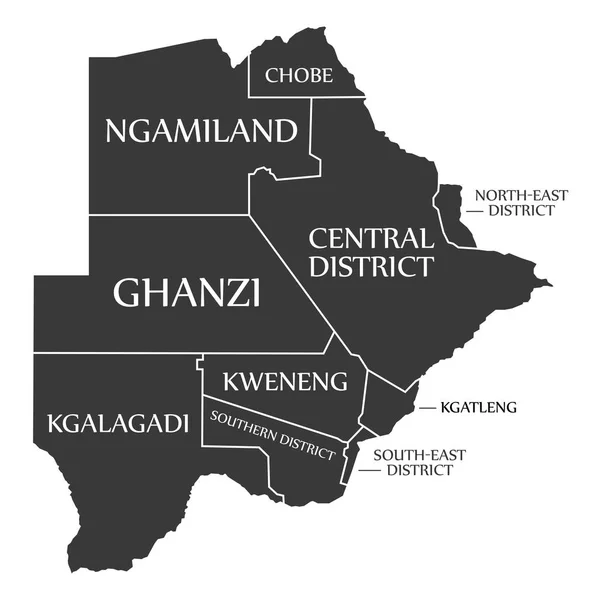 Bölgeleri Siyah Etiketli Botswana Haritası — Stok Vektör