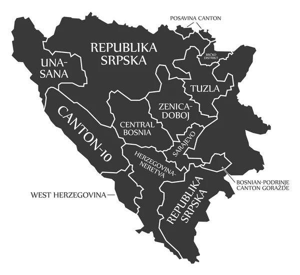 Bosna Hersek Haritasında Kantonlar Etiketler Siyah — Stok Vektör