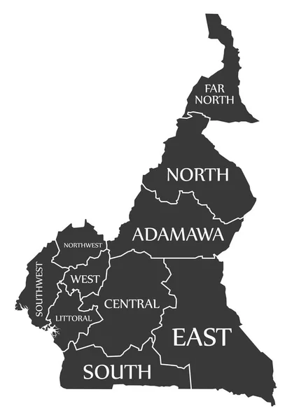 Cameroun Carte Noire Avec Des Étiquettes Région — Image vectorielle