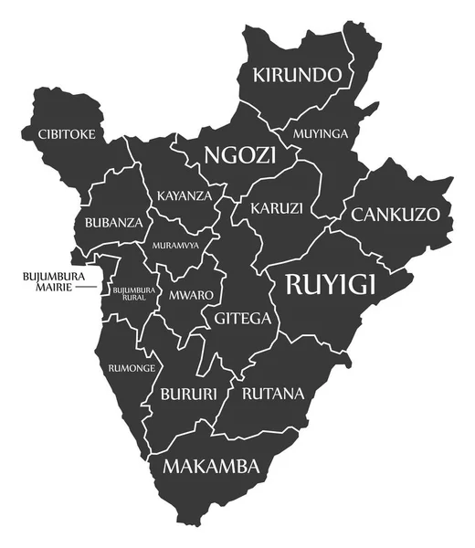 Burundi Black Map Province Labels — Stock Vector