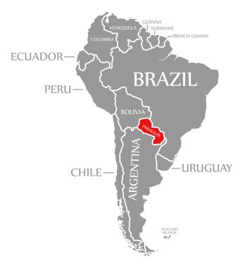 Güney Amerika kıta haritasında Paraguay kırmızısı vurgulandı