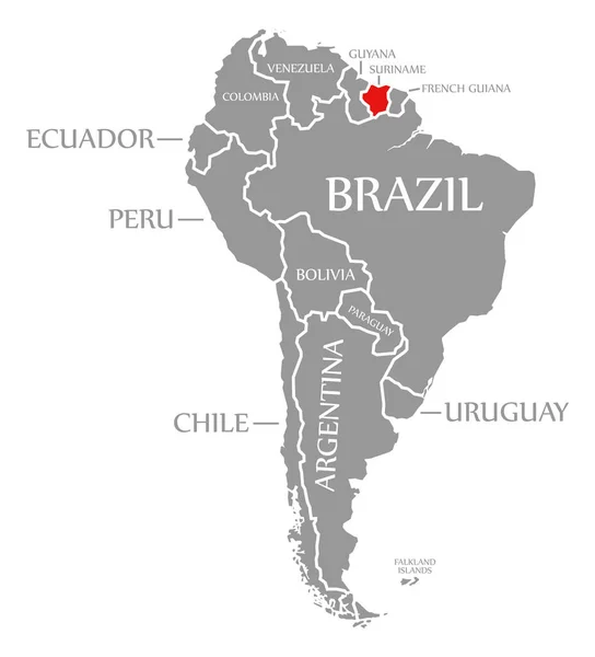 Червоний Колір Суринаму Підкреслений Карті Континенту Південної Америки — стокове фото