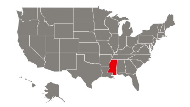 Mississippi Estado Federal Parpadeando Rojo Resaltado Mapa Estados Unidos — Vídeo de stock