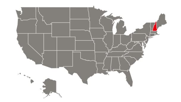 新罕布什尔州联邦州在Usa地图上闪烁着红色的光芒 — 图库视频影像