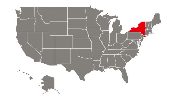 Ομοσπονδιακή Πολιτεία Της Νέας Υόρκης Αναβοσβήνει Κόκκινο Τονίζεται Στο Χάρτη — Αρχείο Βίντεο