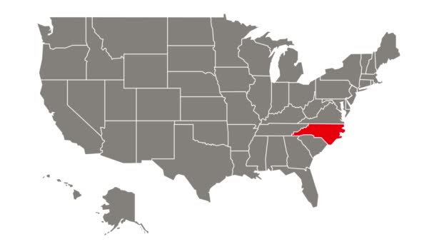 North Carolina Stato Federale Lampeggiante Rosso Evidenziato Nella Mappa Stati — Video Stock