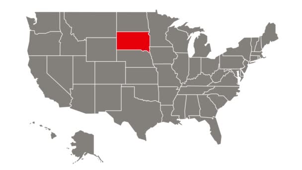 Dakota Sul Estado Federal Piscando Vermelho Destacado Mapa Dos Eua — Vídeo de Stock