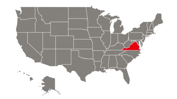 弗吉尼亚联邦州在Usa地图上闪烁着红色的光芒 — 图库视频影像