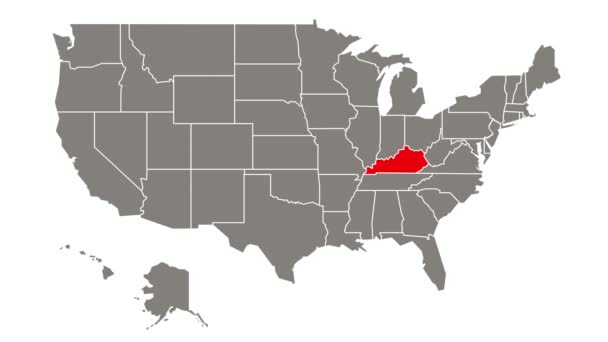 肯塔基州联邦州在Usa地图上闪烁着红色的光芒 — 图库视频影像
