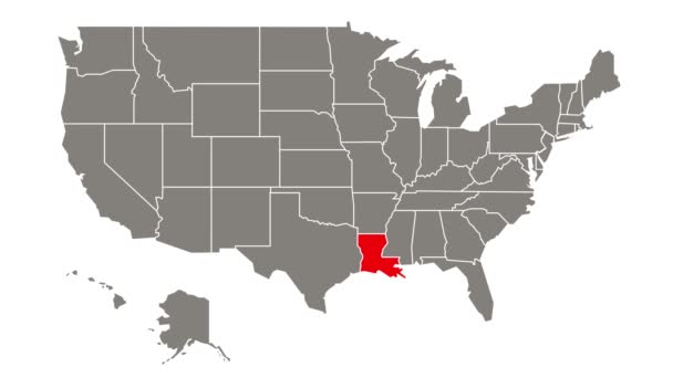路易斯安那州的联邦州在Usa地图上闪烁着红色的光芒 — 图库视频影像