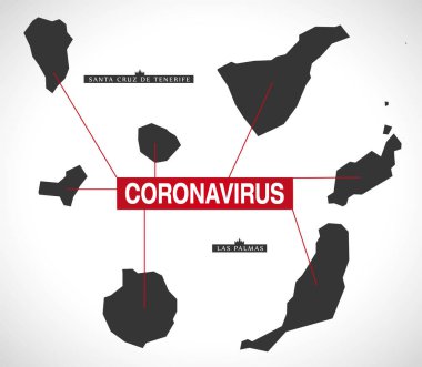Kanarya Adaları İspanya bölge haritası ve Coronavirus uyarı illüstrasyonu