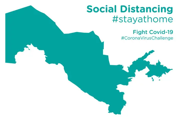 Mappa Dell Uzbekistan Con Tag Social Distancing Stayathome — Vettoriale Stock