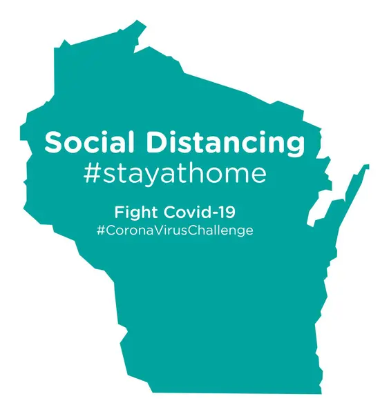 Mappa Dello Stato Del Wisconsin Con Tag Social Distancing Stayathome — Vettoriale Stock
