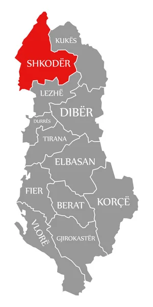 Shkoder Rosso Evidenziato Nella Mappa Albania — Vettoriale Stock