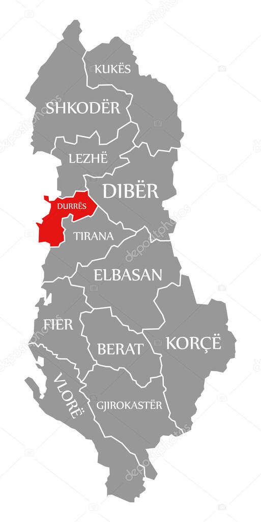 Durres red highlighted in map of Albania