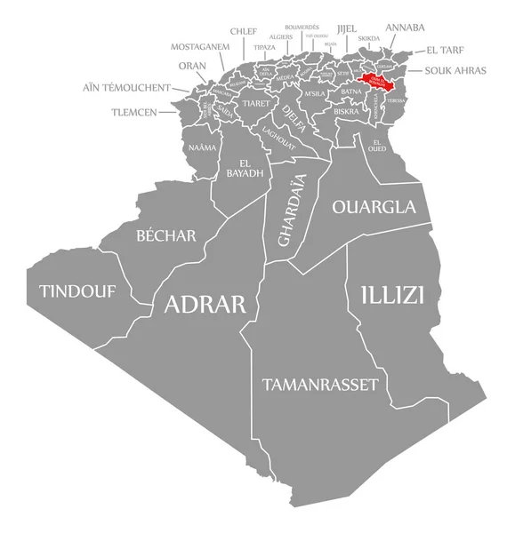 Oum Bouaghi Rosso Evidenziato Nella Mappa Algeria — Vettoriale Stock