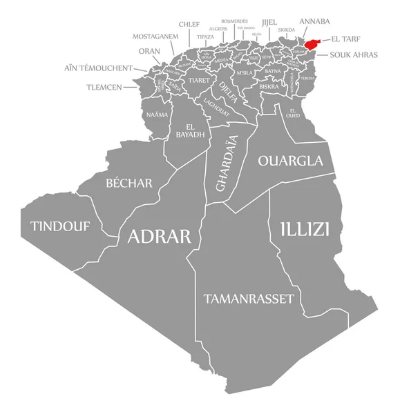 Tarf Rosso Evidenziato Nella Mappa Algeria — Vettoriale Stock