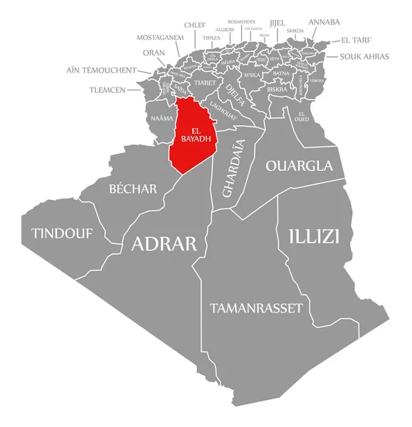 Bayadh Rosso Evidenziato Nella Mappa Algeria — Vettoriale Stock