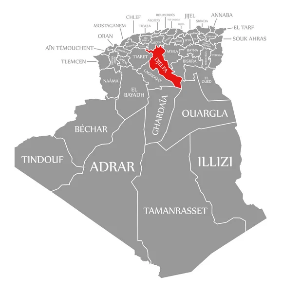 Djelfa Rosso Evidenziato Nella Mappa Algeria — Vettoriale Stock