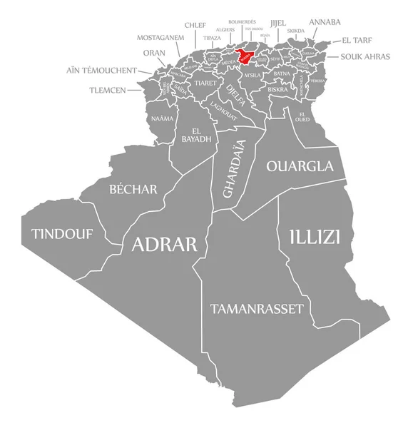 Bouira Rosso Evidenziato Nella Mappa Algeria — Vettoriale Stock
