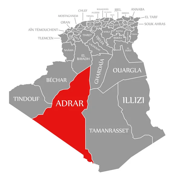 Adrar Rosso Evidenziato Nella Mappa Algeria — Vettoriale Stock