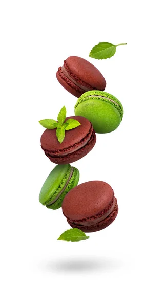 Bright Macaroons White Background Chocolate Macaroons Fly Fresh Mint Leaves — Stock Photo, Image