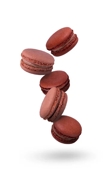 Lekkere Heldere Macarons Een Witte Achtergrond Chocolademakaken Vliegen — Stockfoto