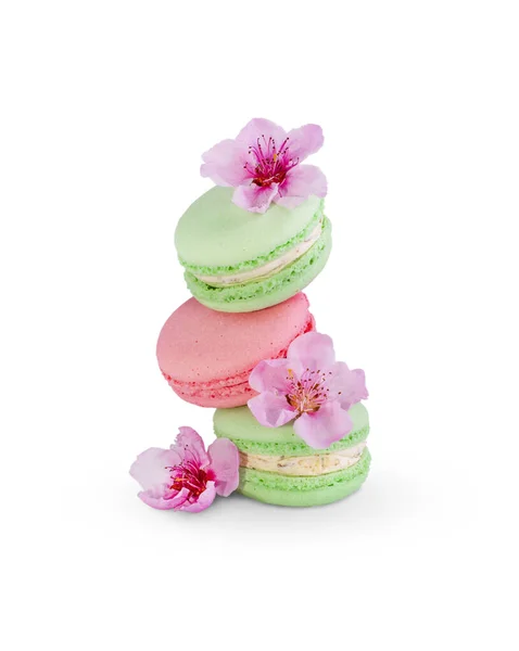 Macaroons Isolado Fundo Branco Com Flor Primavera — Fotografia de Stock