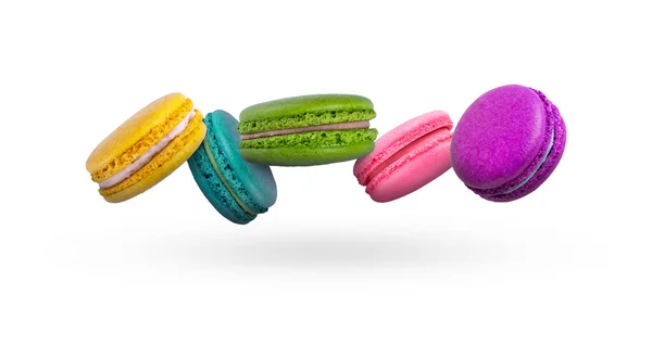 French Macaroons Multi Colored Cookies White Background Colorfulmacaroons Flying — Stock Photo, Image