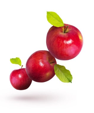 Yeşil yapraklı kırmızı elmalar beyaz arka planda uçar..
