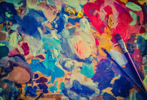Yağlı Boya Fırçalı Bir Ressam Paleti Resmi Yukarıdan Bak Retro — Stok fotoğraf