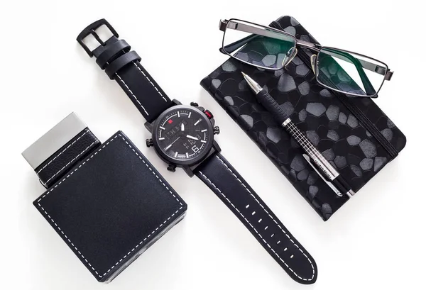 Conjunto Accesorios Para Hombre Para Relojes Empresa Gafas Colonia Bolígrafo —  Fotos de Stock