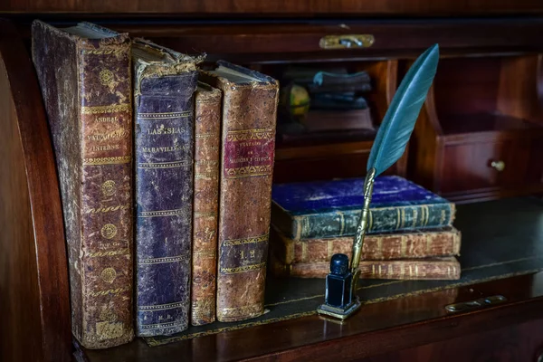 Vieux Livres Sur Bureau Écriture Stylo — Photo